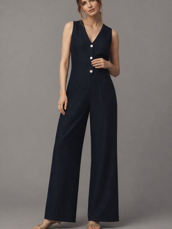 DOR Raw Luxury Pants - DOR Raw Small Luxury Linen Navy Blue Wide Leg Maggiore Lake Resort Jumpsuit